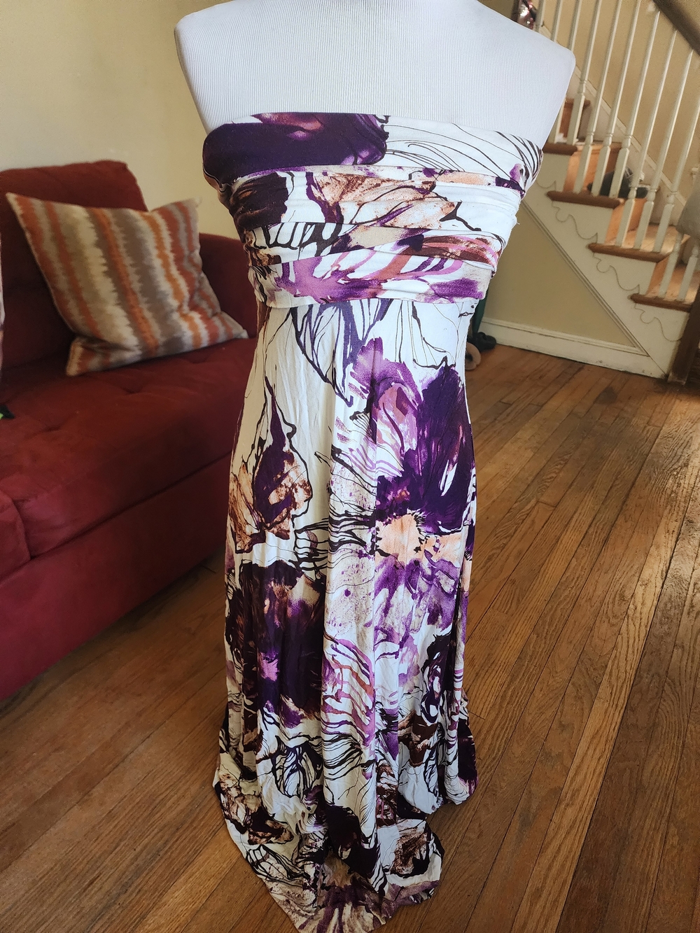 Women's Strapless Floral Print Maxi Dress - Purple/Cream